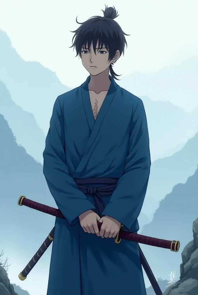 Blue cool OnePiece boy swordsmancharacter with a chest scar
