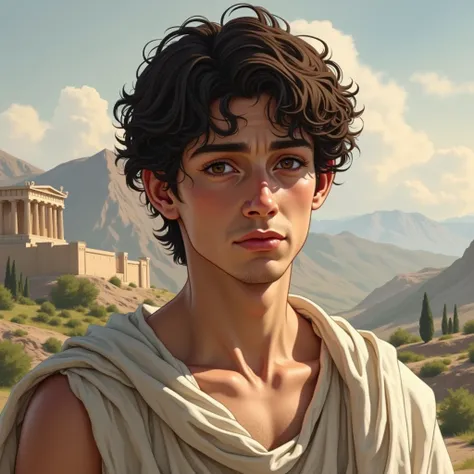 Imagine Oedipus ,  the tragic hero of Greek mythology ,  portrayed in his youth with a noble appearance ,  but marked by uncertainty .  He is a fair-skinned young man , with defined features,  like a strong nose and expressive eyes that Curiosity and a cer...