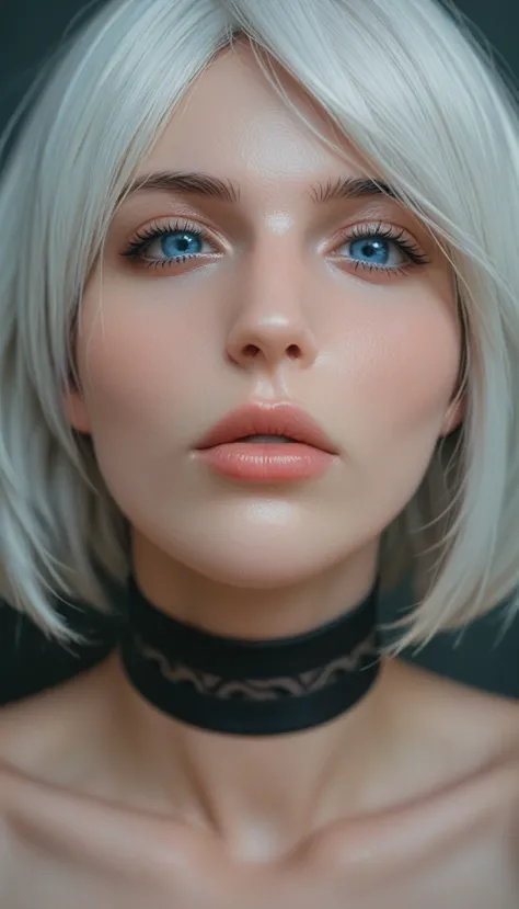 (masterpiece) (best quality) (detailed) (8k) (sharp focus),real, 1 female,yorha 2b, face focus,blue eyes, eye detail,choker,face...