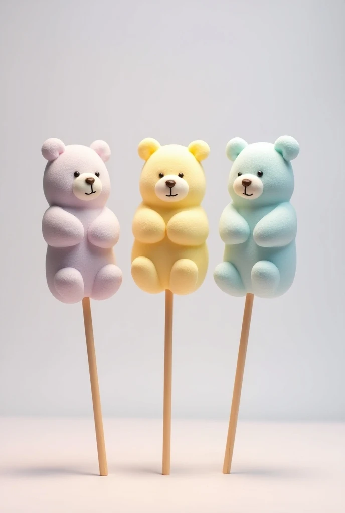  Image of 3 little bears made of masmelo part by part tender on skewer sticks, that look very well made in lilac colors , yellow and blue