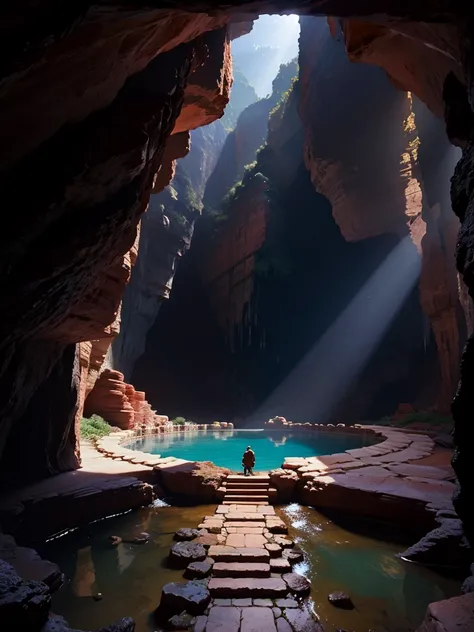 There is a super huge open-air bath with red rocks in a super huge cave。The Great Labyrinth，Great Heaven，masterpiece， Best Quality， Ultra HD，Paradise， multi-dimensional ， romantic ，High Dimension，perfection，Mysterious， imaginary，