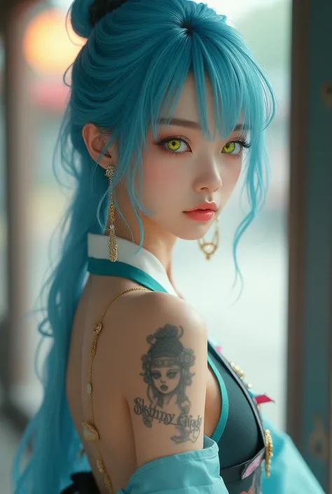 She pulled up her light blue hair and had a “skinny girl” on her butt. Her eyes were yellow-green, but she had no glasses, and she was wearing a modified hanbok. .  looking straight ahead.