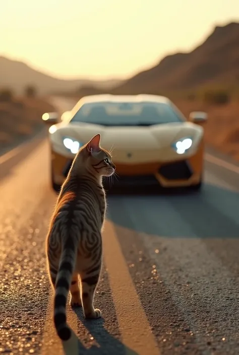  The cat standing on the road and it start moving from the car, the car is Lamborghini.