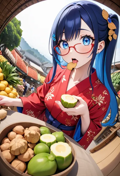 (best masterpiece, high resolution: 1.5), (8K, RAW photo, fisheye effect, perfect anatomy, golden ratio: 1.3), pointillism, professional photography, gaze, lone Japanese idol, (real: 0.5 ), (Eating ginger: 1.5), (Ginger pattern, red yukata: 1.5), (Spectacu...