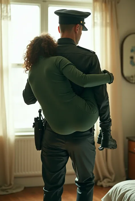 A man in a police uniform lift and carrying a unconscious sleeping teenage girl with short brown curly hair over his shoulder , teenage girl in a tight-fitting skintight push up wedgie tight sexy light green leather turtleneck leather long sleeve uniform, ...