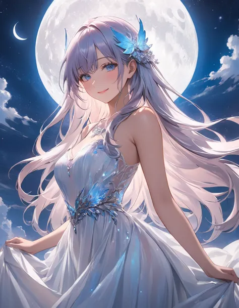 (masterpiece:1.2),(4k),high quality,(perfect anatomy),((arms behind side)),(1 girl),(goddess of the moon),Artemis,silver long hair,beautiful detailed blue eyes,a shy smile,look at viewer,((bioluminescent white dress)),(white dress),Undeservedly beautiful,d...