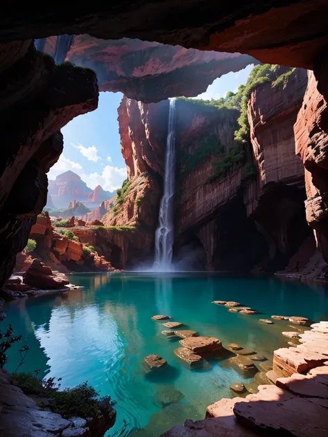 There is a super huge open-air bath with red rocks in a super huge cave。The Great Labyrinth，Great Heaven，masterpiece， Best Quality，Super giant waterfall ， Ultra HD，Paradise， multi-dimensional ， romantic ，High Dimension，perfection，Mysterious， imaginary，