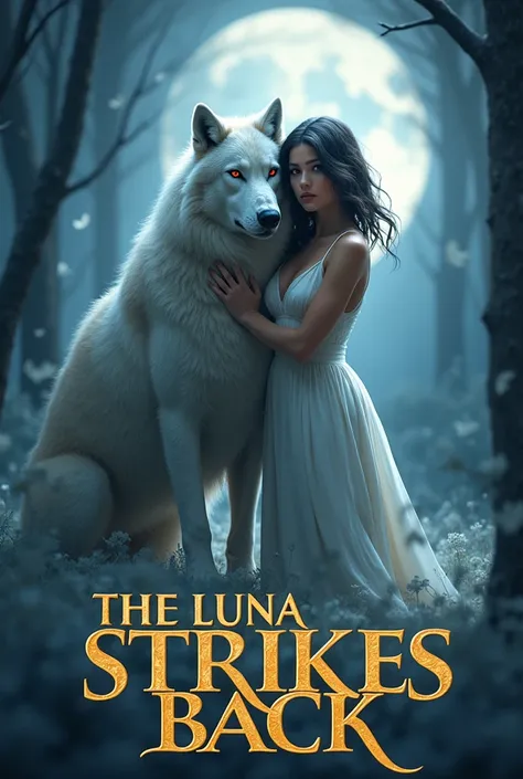 Create an image of a Luna werewolf female alone. Her face is half human and half werewolf. She have striking features and luscious hair, looking front in the image. The atmosphere should be mystical, showing her  strength. She is dressed in a white dress. ...