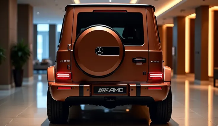 "A rear view of the 2025 Mercedes AMG G63 SUV in brown, showcasing its signature square tail lights, AMG badging, and dual exhausts. The SUV’s imposing rear end is set against the luxurious showroom background, with ambient lighting that adds depth to the ...