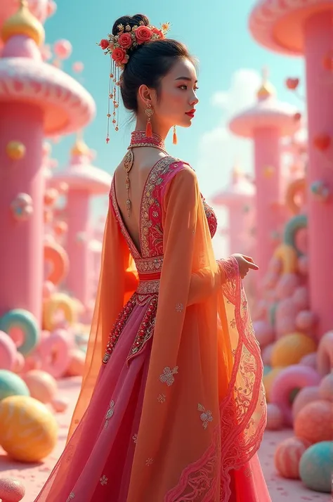 A woman in traditional dress turning to the right against the backdrop of a candy kingdom