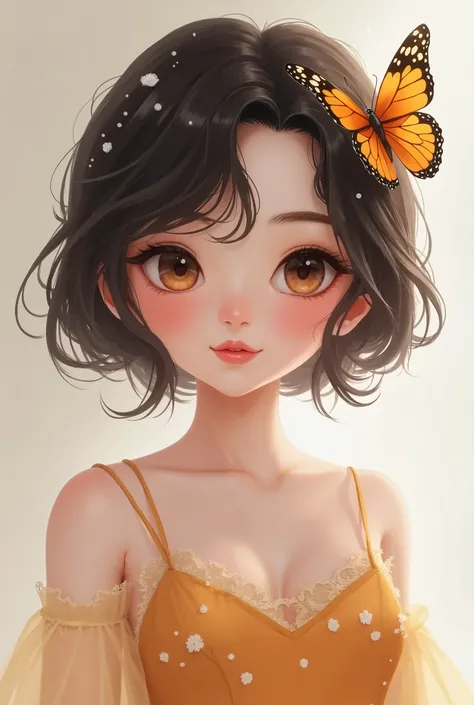 Realistic ai girl: have classy long dress, beautiful eyes, shorty hairs, slim pink lips, with butterfly on head and little smile on beautiful face 