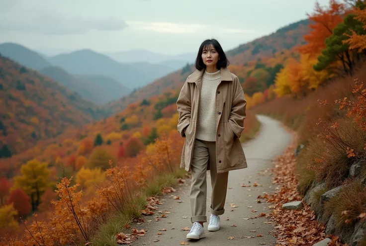 A beautiful short Korean woman in her 50s 、short medium length hair、 Top Quality 、 ultra-detailed 、High quality detailing 、8ｋ、Colored leaves :1.5、 deep autumn forest 、A beautiful Korean woman in her 50s .  luxury luxury sweater over luxury beige lightweigh...