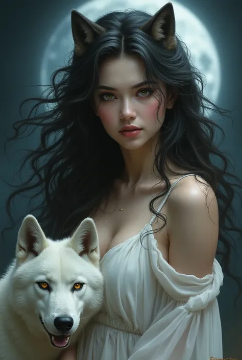 Create an image of a Luna werewolf female alone. Her face is half human and half werewolf. She have striking features and luscious hair, looking front in the image. The atmosphere should be mystical, showing her  strength. She is dressed in a white dress. ...