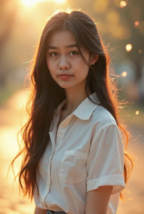 1girl,Issuing,sunlight, outdoors, white school uniform, long hair, luminous skin,((Cinematic Lighting)),shallow depth of field, romantic setting, dreamy pastel palette, whimsical details, captured on film,(RAW photo, best quality),(realistic, photo-realist...