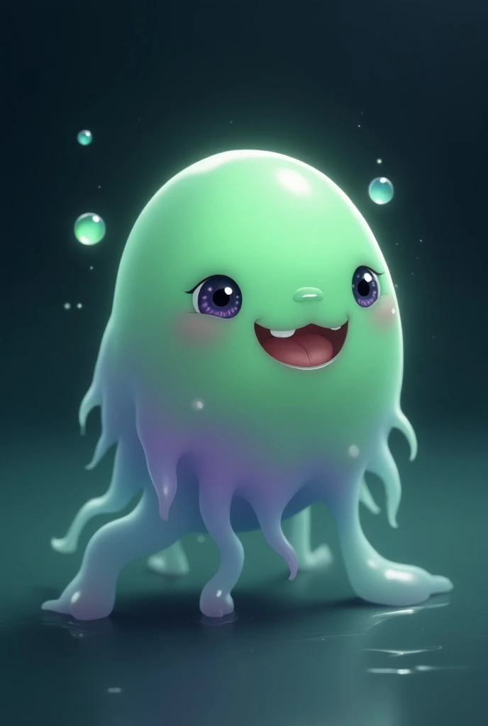 A small, rounded, pale green slime with a soft glow of purple and green. Its form is semi-translucent, allowing curious, floating eyes to drift within its body like bubbles. Its tendrils wiggle and wave gently, adding to its friendly appearance.