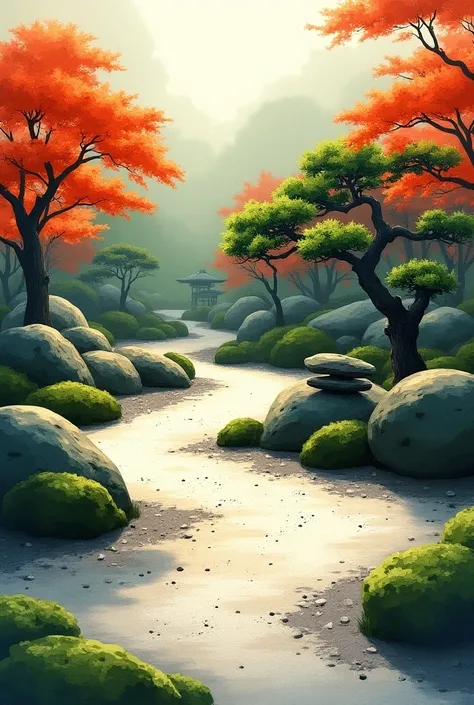 Japanese zen garden. High-resolution artwork. Ultra-detailed art. High illustration art. Outdoor view. Masterpiece. Digital painting. Watercolor mix oil ink painting. Mix colour blending of orange, black and green 