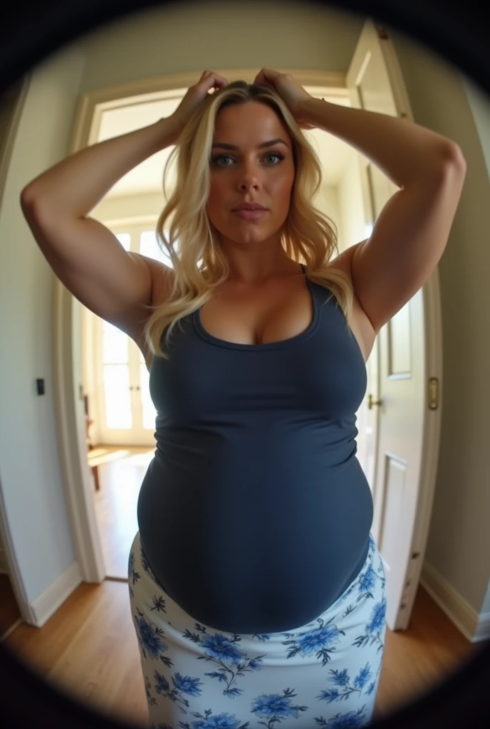  Create a warm atmosphere indoors with a first-person point of view  (throw), use the fish-eye camera lens effect to give a closer and intimate feel. In front is seen a blonde Australian woman who looks to be heavily pregnant,  wearing a dark blue tank top...