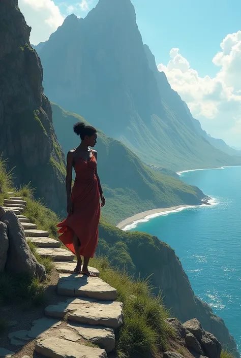  a mountain with a river that meets the sea and a tired black woman climbing the stairs that lead up to the mountain, Below the river meets the sea 