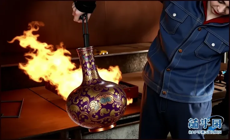  This image is an image of the cloisonne burning process，Refer to this image to generate an image ，A craftsman is firing cloisonne， and put a finished cloisonne on the table