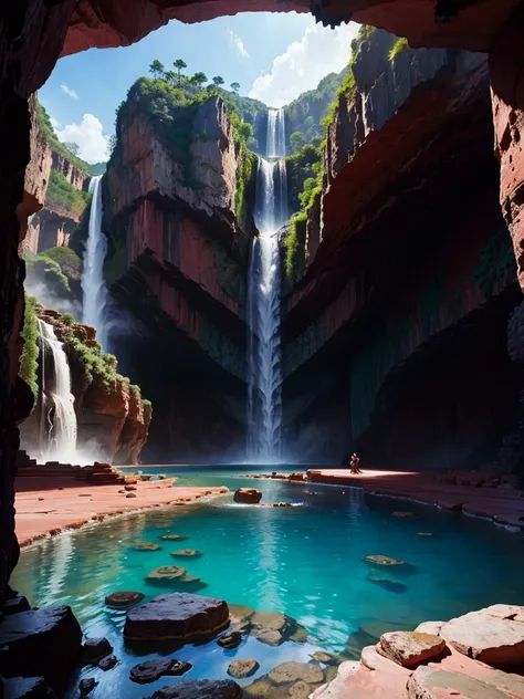 There is a super huge open-air bath with red rocks in a super huge cave。The Great Labyrinth，Great Heaven，masterpiece， Best Quality，Super giant waterfall ， Ultra HD，Paradise， multi-dimensional ， romantic ，Inside a super huge rock ，High Dimension，perfection，...