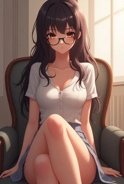 anime girl sitting in a chair with her legs crossed, seductive anime girl, attractive anime girl, smooth anime cg art, beautiful anime girl squatting, anime moe artstyle, with glasses, ilya kuvshinov. 4 k, anime best girl, with glasses on, beautiful anime ...