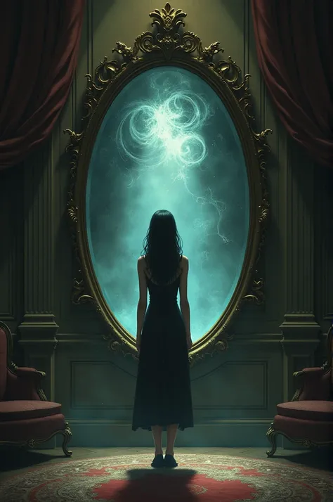  Illustrate a room inside the mansion with an old mirror in the center .  The room must be illuminated by a faint light that highlights the dust in the air. in the mirror, show Yuna looking at her reflection ,  where you can see fragments of her soul :  sh...