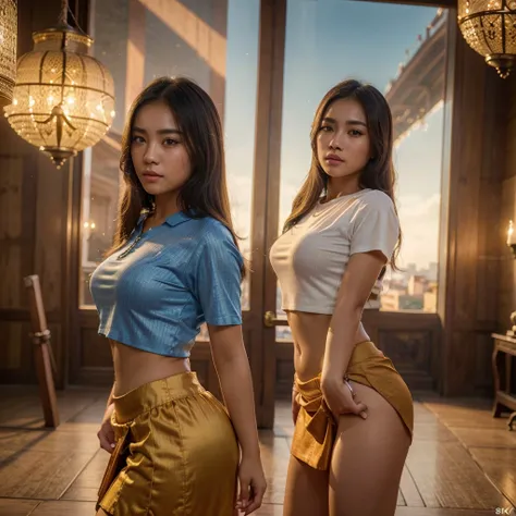  1teen beautiful Thai girl , Wat Phra Kaew Scenic Background, Beautiful eyes, Sexy figure, Thick shirt,  Crop Tops, Long flared skirt, (Best quality 4k, 8K high resolution masterpiece: 1.2)  super detailed  ( Realistic Realistic Realistic Realistic : 1.37)...