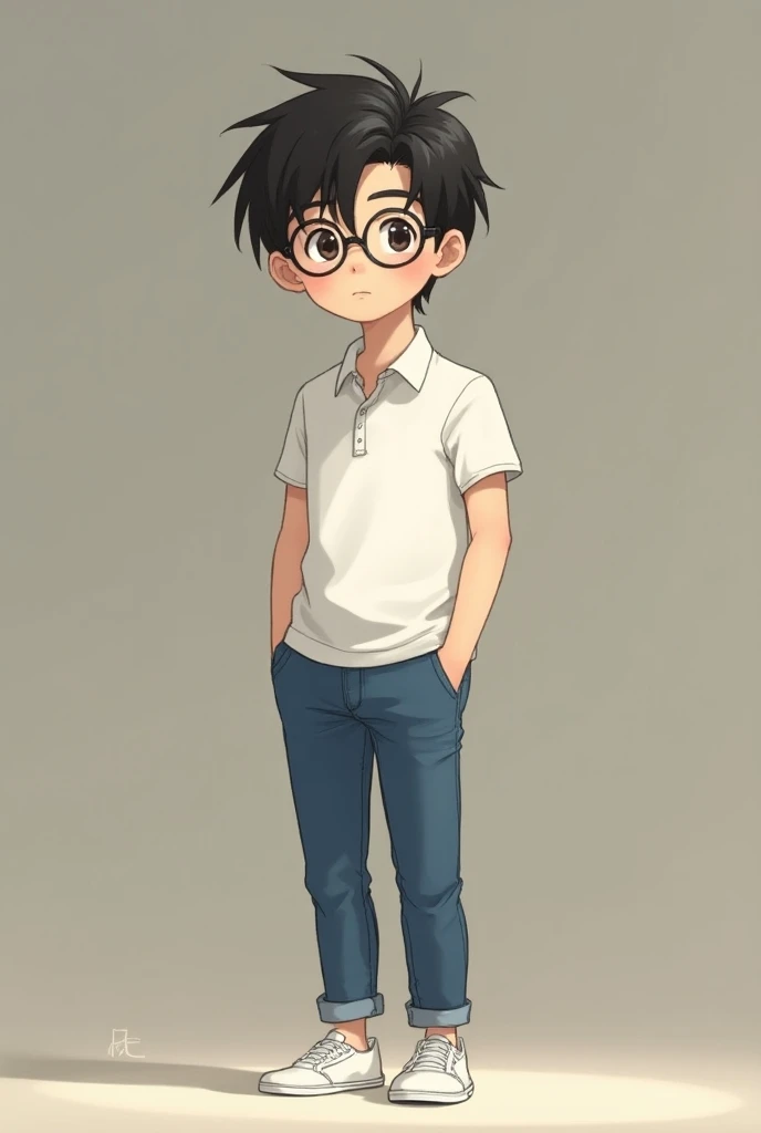 Anime cute shy skinny teenager boy with jeans, glasses, long hair, white polo and shoes high resolution full body 