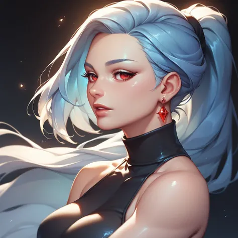 female black sleeveless turtleneck with bare shoulders and racerback, bare toned arms, beautiful faces, light blue haired long ponytail with showing forehead, earrings, soft smooth skin, pale skin, black background, red eyes, sci-fi