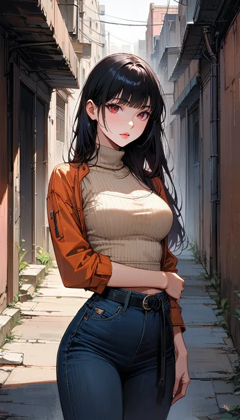 (Alone), (( black hime cut )), ( hair length down to the waist ), ( Soft Pink Lips ), ( Light Gray Iris ), ( shiny red eyes ), (27 years old), (orange flight jacket), (Beige cropped knit top  (Muffler neck )), ( womens denim pants ), ( big bust size ), (ji...