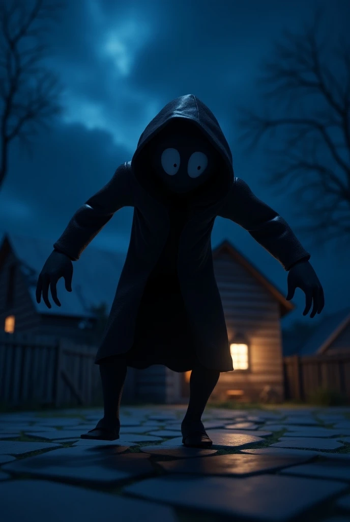 A suspenseful nighttime 3D scene with the sky in deep blue shades, showing a shadowy thief sneaking into Murli’s house. The thief’s movements are exaggerated yet careful, with a “sneaky” animated posture. The house has a dim, warm light coming from inside,...