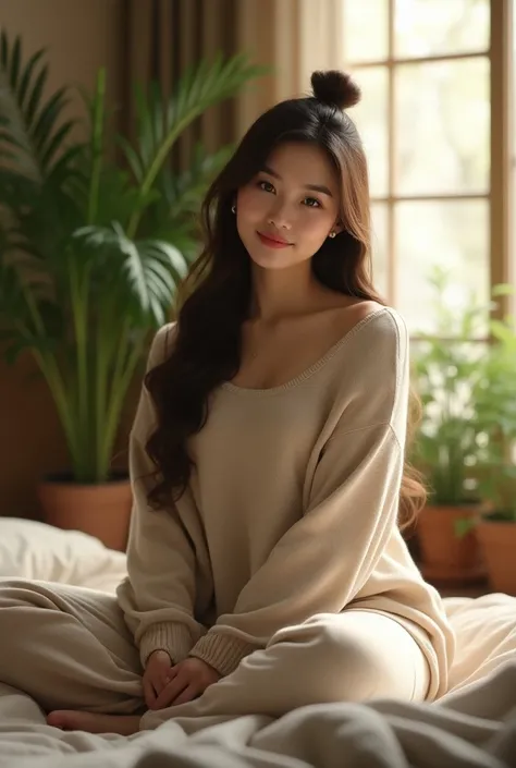 (photorealism:1.2), photo of a beautiful big and fat asian woman, sitting on bed, wearing loose sweater top, pajama pants, long hair 
with a bun dark brown hair, indoors, soft lighting, plants in background, window with sunlight, cozy room, relaxed pose, r...