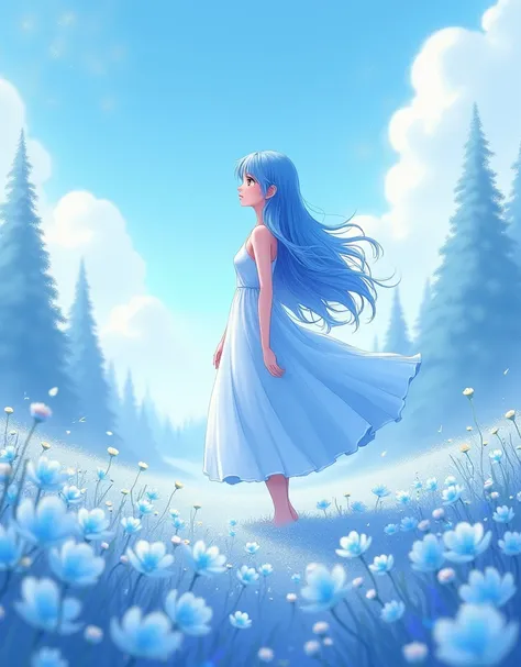 Illustrations of an anime (absurd res, highres, ultra detailed, UHD, cinematic), solo, 1girl, mature, happy, girl standing in light blue flower field, light blue flower petal surrounding girl, full body, blue long hair girl, light blue hair, fantasy, dream...