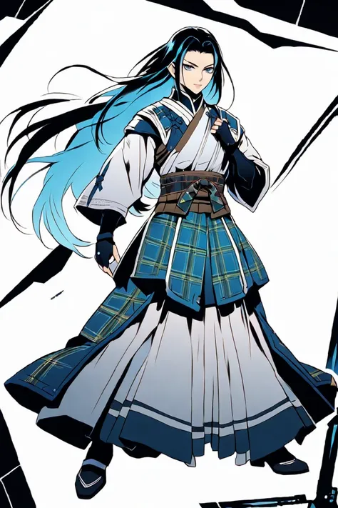 ninja that could appear in the cyberpunk ninja action novel "Ninja Slayer.", (((white background illustration))), ((full-body illustration)), Her hair is light blue, A dignified and well-groomed figure like a porcelain doll, Appears to be around , Wearing ...