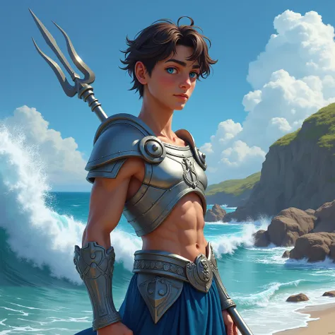  Imagine the son of Poseidon in a realistic and youthful representation .  He is an athletic boy ,  of dark brown hair with light waves ,  that fall a little messy up to eye level .  His skin is suntanned ,  and his eyes have a deep and vibrant blue hue , ...