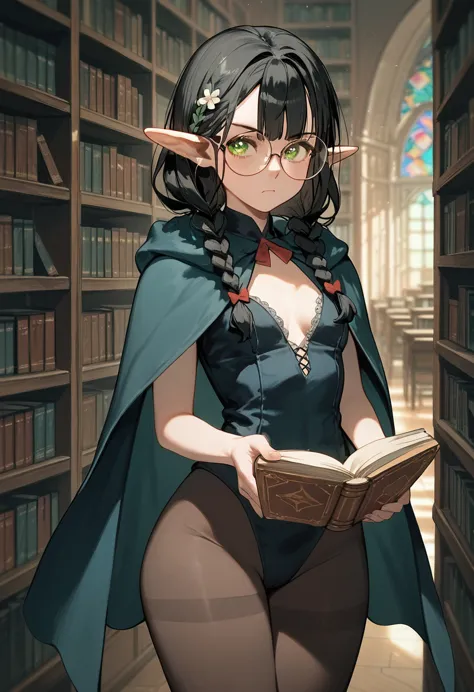 masterpiece, fair, 4k, best quality, ((green detailed eyes)), library, (black hair with two braids), bangs, pointed ears, round ...