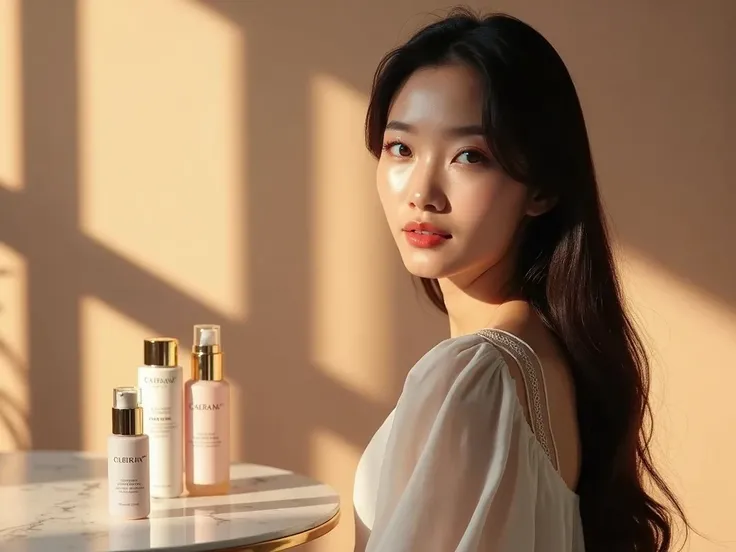 A fair-skinned Asian model with long, silky hair poses in a high-end, luxurious studio with warm natural lighting and sleek shadows. A marble table next to her has empty space for skincare products.