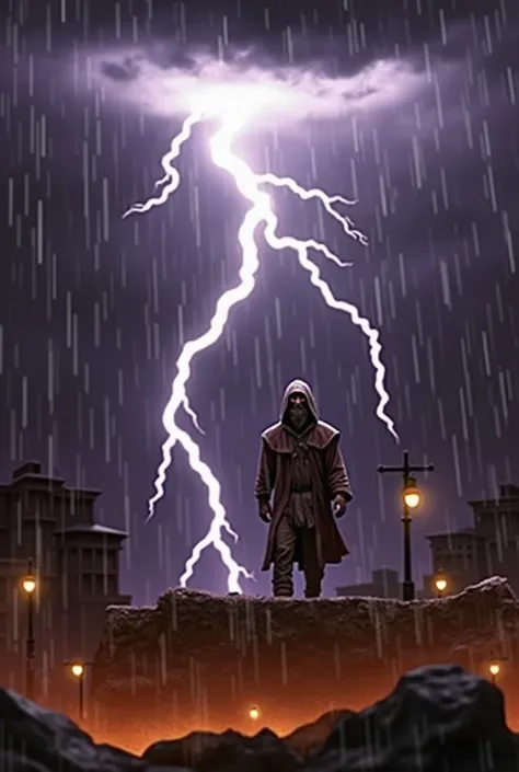 "Te conocí en la tormenta. Te conocí, repentina.
En ese desgarramiento brutal de tiniebla y luz"

  Bearded mountain man hooded walk in the raining city night, storm, lightning, rain, melancholic, 