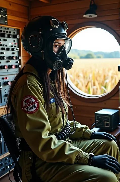 Cyberpunk scene un a Wooden cabin with a cyberpunk electronic woman with  rasta style and a black vintage tsh-4 tank helmet soviet and rounded gogles wearing a olive drab astronaut suit and russian gp7 gasmask with hose playing a Big eurorack synth with a ...