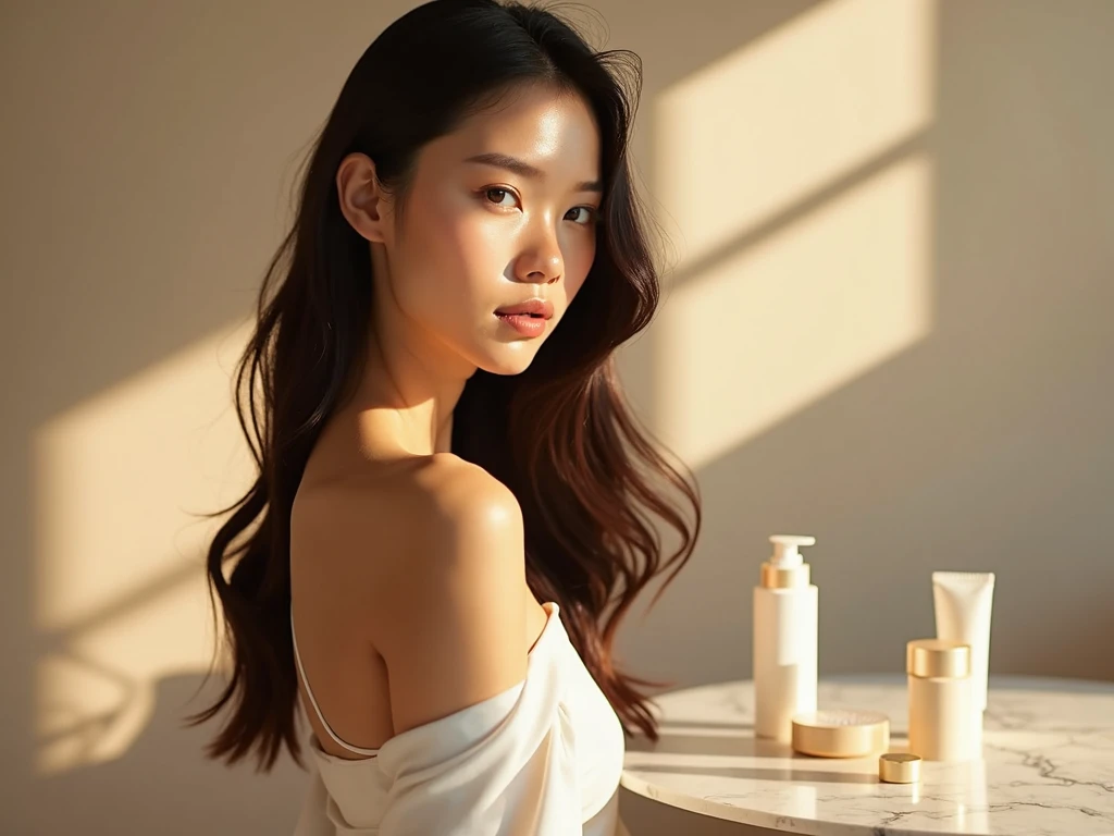 A fair-skinned Asian model with long, silky hair poses in a high-end, luxurious studio with warm natural lighting and sleek shadows. A marble table next to her has empty space for skincare products.