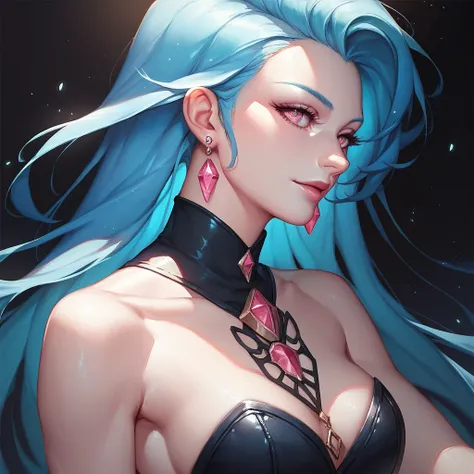 female black bustier with bare shoulders and racerback, bare toned arms, beautiful faces, light blue haired long ponytail with showing forehead, earrings, soft smooth skin, pale skin, black background, pink eyes, sci-fi