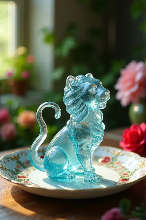 A delicate miniature lion-like figure, fashioned from colorful glass, twirling on an intricately painted porcelain plate, set in a quaint, fairy-tale garden with vibrant flowers and ivy- covered walls. The plates ornate designs add a touch of elegance, whi...