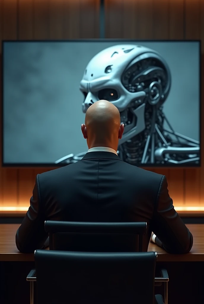 A hyper realistic professional portrait from behind of a bald lex luthor wearing a suit and sitting in a chair in front of a large television in his office, on the television screen is a a shiny metallic crushed terminator robot head laying on the ground. 