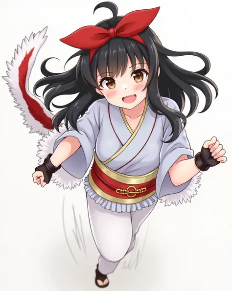 masterpiece, best quality,1girl, solo, nakorurums, red bow, bow, long hair, hair bow, ainu clothes, solo, hairband, black hair, fingerless gloves, short sleeves, gloves, sash, bangs, red hairband, breasts, brown eyes, white pants, japanese clothes, masterp...