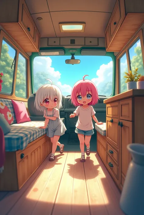 2 young girls  white haired and pink haierd inside of a housevan with them wandering around looking around and drivers seat mentioned on the picture anime style