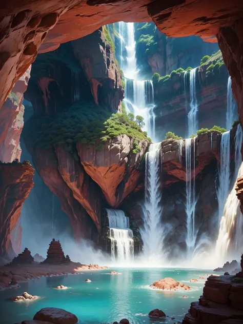 There is a super huge open-air bath with red rocks in a super huge cave。The Great Labyrinth，Great Heaven，masterpiece， Best Quality，Super giant waterfall ， Ultra HD，Paradise， multi-dimensional ， romantic ，Inside a super huge rock ，High Dimension，perfection，...