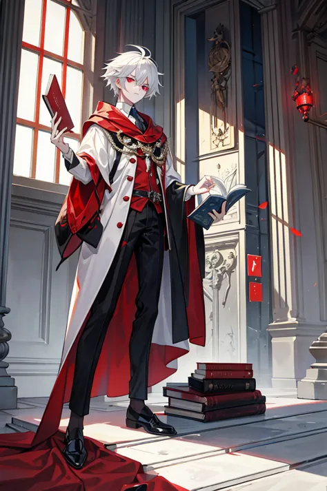 white hair, red eyes, clothes that look like a judge ,  he is holding a judgment scale in his left hand,  are holding a book on ...