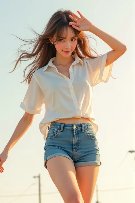 Brown-haired girl and blue shorts and white blouse moving 