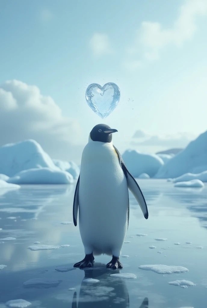 " A tranquil and surreal scene depicting Ice Head ,  penguin heart . in the center of the image, a serene penguin ,  with its head surrounded by a faint aura of crystallized ice ,  symbolizing clarity and mental calm .  The penguins body is robust and firm...