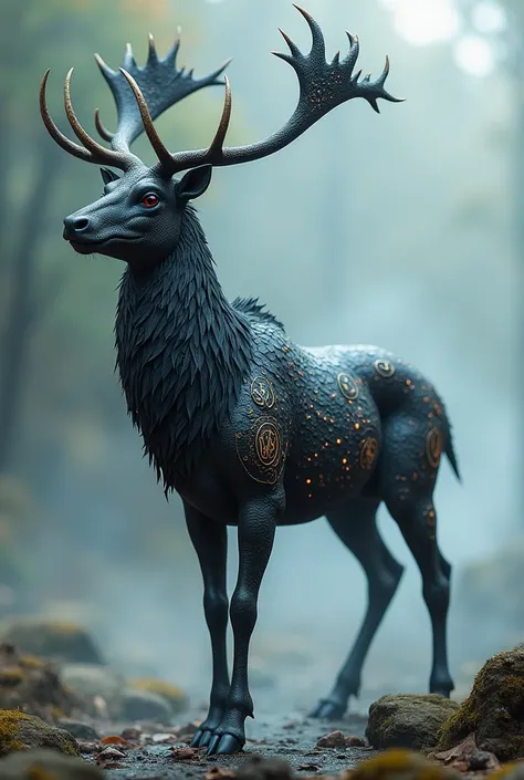 Create a hybrid between a reindeer and a shein-long dragon. The black coat 